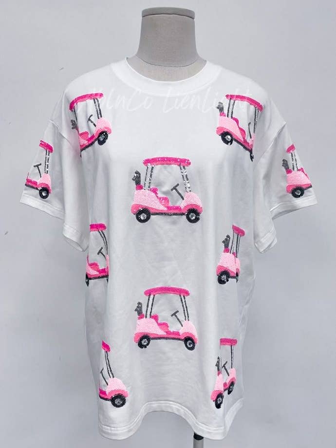 Preppy Pink Golf Cart Sequin Rhinestone T-Shirt RTS for wholesale by ABLNco