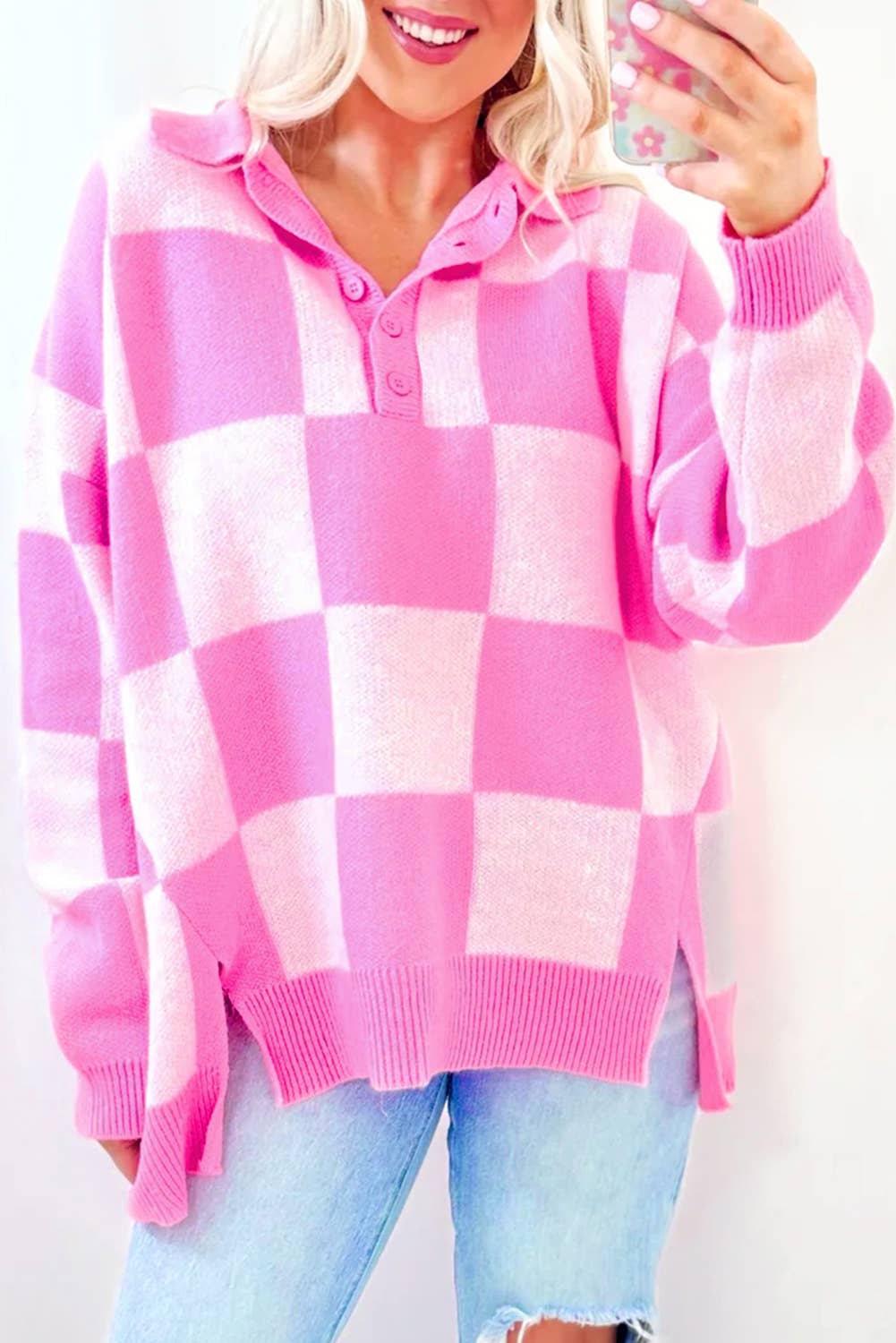 Pink Checkered Button Collared Sweater (S-XL) for wholesale on Faire1