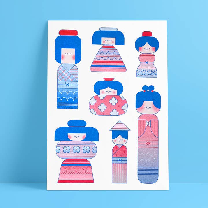 Impresión Risograph de Muñecas Kokeshi Adorables (A4 29 x 21 cm) para venta al por mayor de hello vonnie