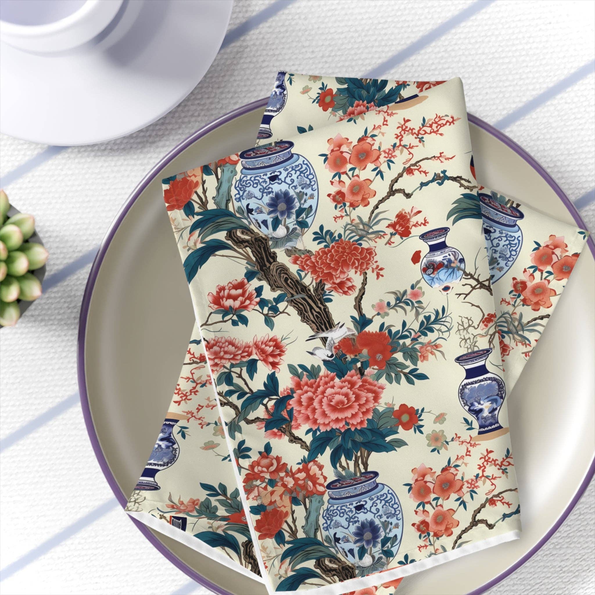Blanc Serviettes de table chinoiserie en toile beige et pot à gingembre bleu, 4 pièces en vente sur Faire3