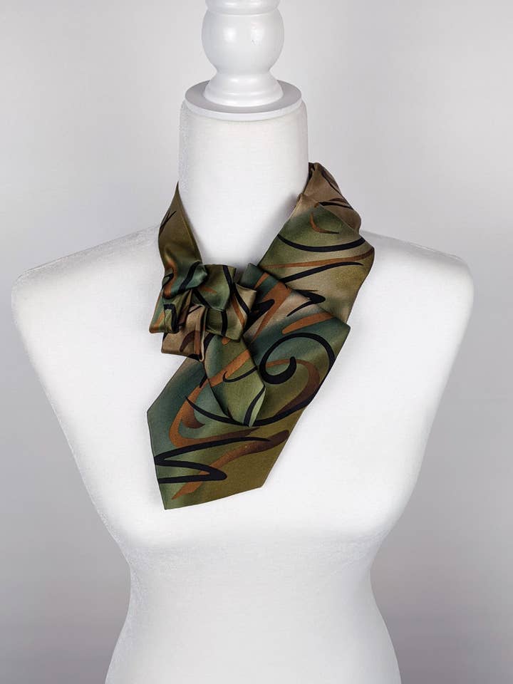 Ascot Scarf In Green And Gold Swirling Print for wholesale by Ogsplosh