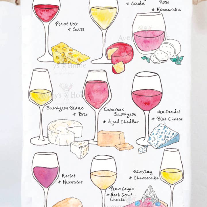 Avery's Home - Wholesale Tea Towel - Wine & Cheese Pairing for Food Lovers Tea Towel0