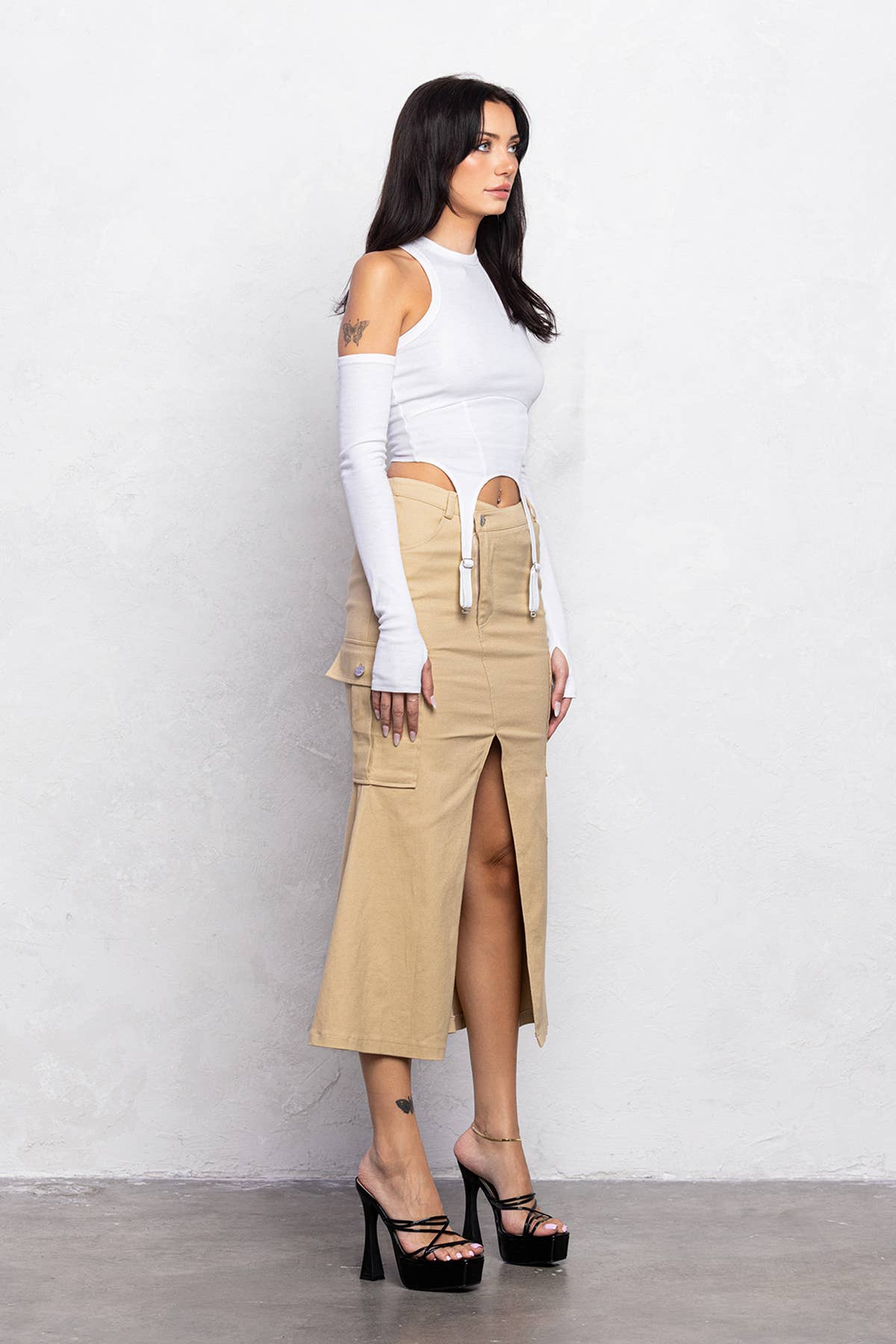 No Vacancy - Wholesale Skirt - Women's - Mermaid front cut detail diagonal midi skirt5