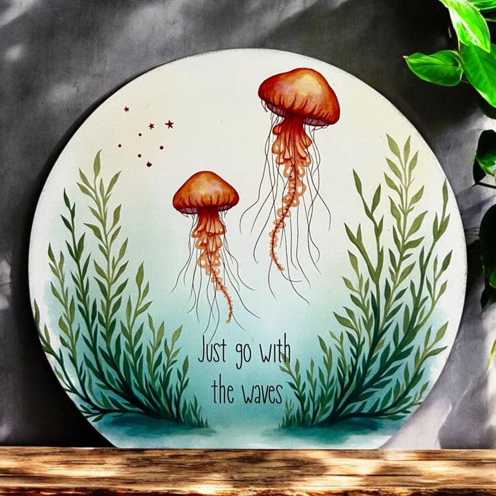 Just Go With The Waves-Wood Beach Decor Jellyfish Sign for wholesale by Inkwood Crafters