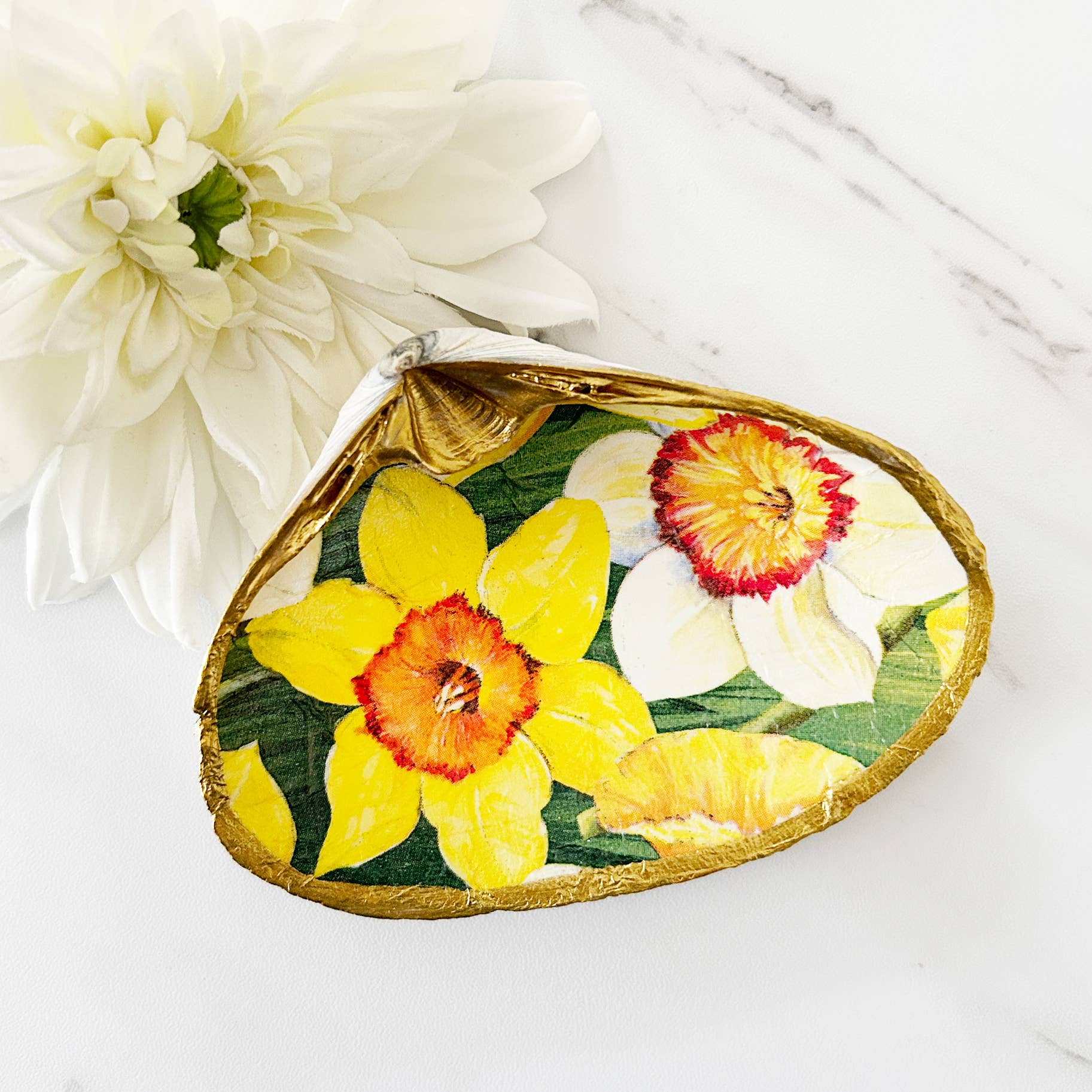 Adori Designs - Wholesale Jewelry Dish - Spring Yellow Daffodil Clam Shell Trinket Dish