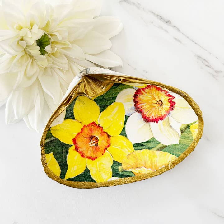 Adori Designs - Wholesale Jewelry Dish - Spring Yellow Daffodil Clam Shell Trinket Dish0