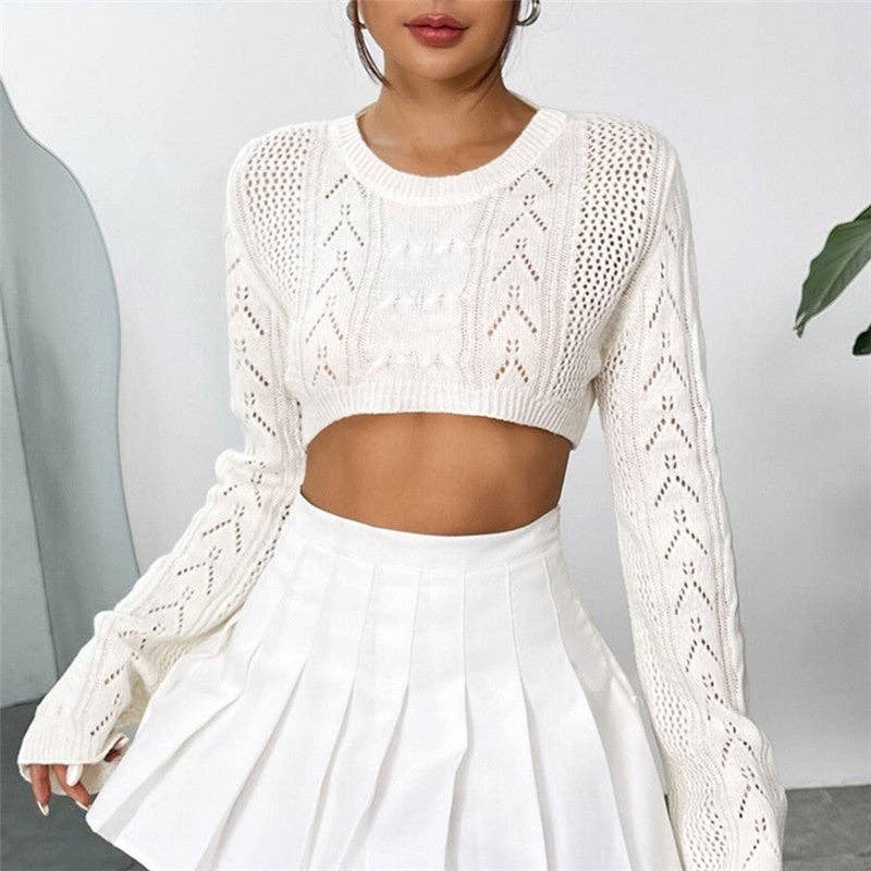 WHITE Hollow Out Short Crop Top Flared Sleeve Knitted Sweater for wholesale on Faire1