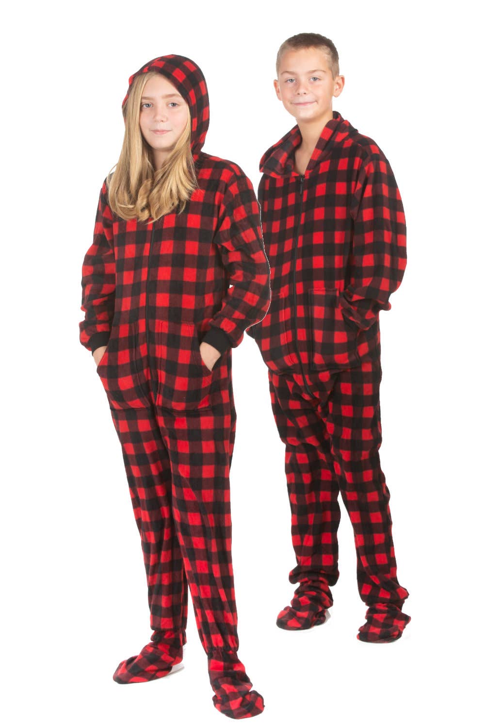 Big Feet Pajamas – Großhandel Einteiler – Kinder – Hoodie Footed Onesie Buffalo Fleece-Pyjamas mit Karomuster2