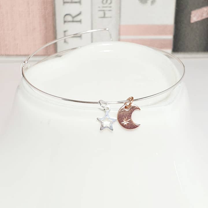 Rose gold moon and silver star bangle for wholesale by Sophie-May Designs