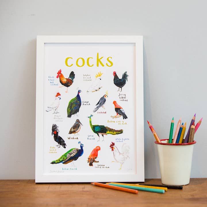 Kunstdruck „Cocks“, A4 für den Großhandel von Sarah Edmonds Illustration