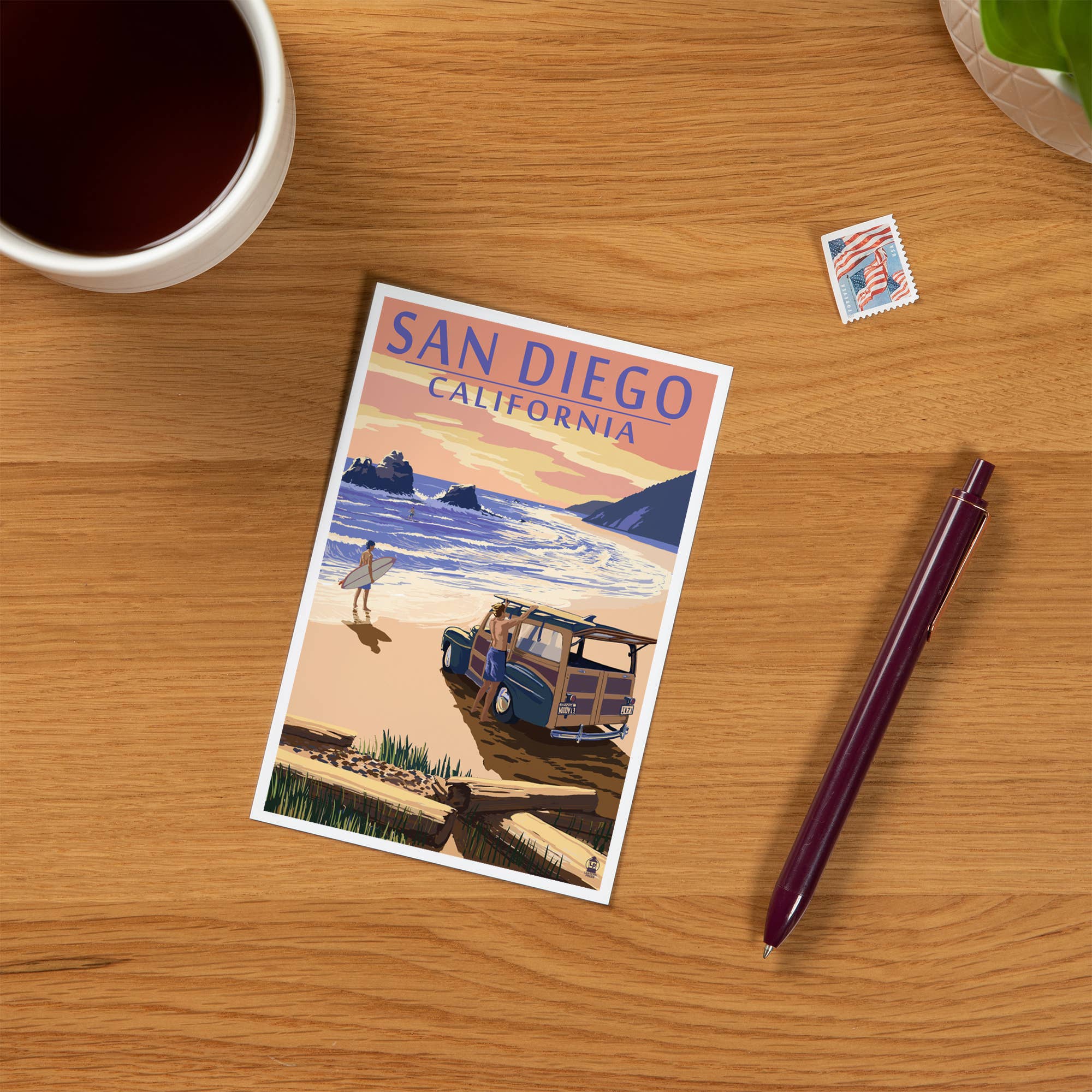 Lantern Press - Wholesale Postcard - PREMIUM POSTCARDS San Diego, California, Woody on Beach 21
