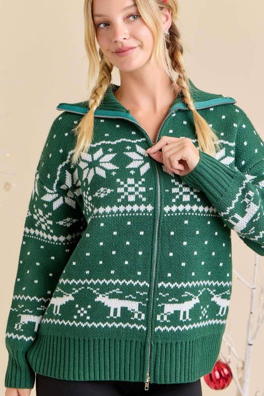 HUNTER GREEN Nordic Zip-Up Holiday Knit Cardigan – Ready to Ship Winter❄ for wholesale on Faire