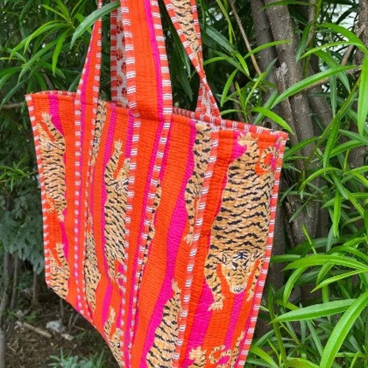 bhavnas boutique - Wholesale Luggage Tag - Tiger block Print Tote Bag Indian Handmade Cotton Shopping3