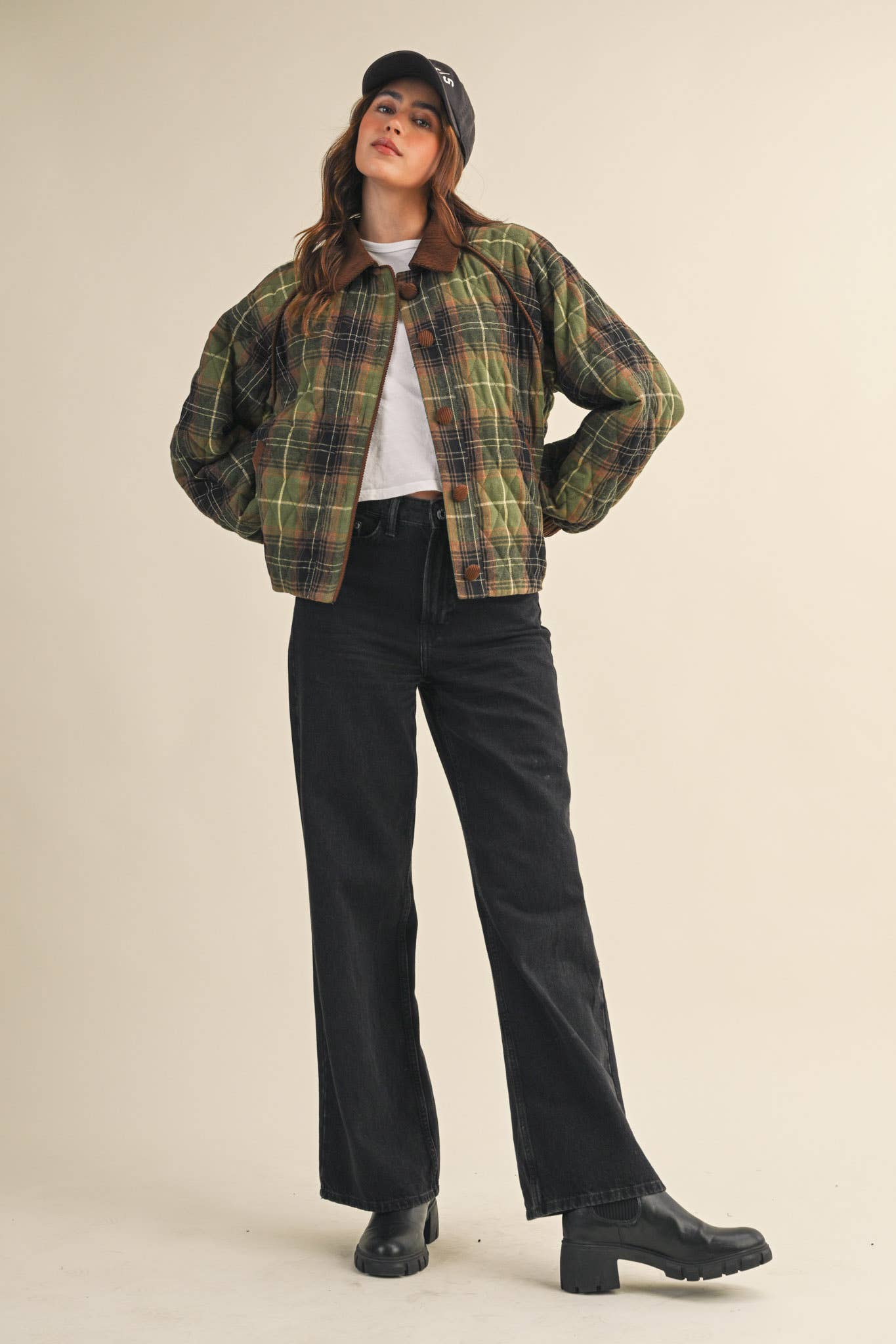 &MERCI - Wholesale Jacket - Women's - PLAID QUILTED JACKET WITH CONTRAST CORDUROY DETAIL MJK411519