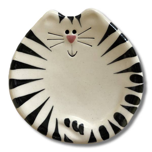 August Ceramics - Wholesale Jewelry Dish - 3" Ceramic Cat Dish: White & Black Tiger