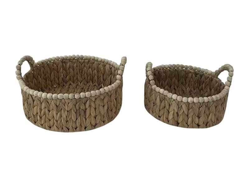 Cubby House by Malmar - Wholesale Decorative Figurine - Set Of 2 33cm Round Water Hyacinth Baskets And Beaded Finish0