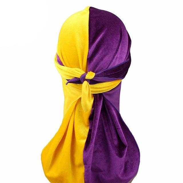 Durag en velours bicolore violet et jaune pour la vente par Taelor Boutique