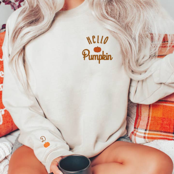 Hello Pumpkin/Fall Crewneck Sweater embroidery design for wholesale by Precious Sewing and Embroidery
