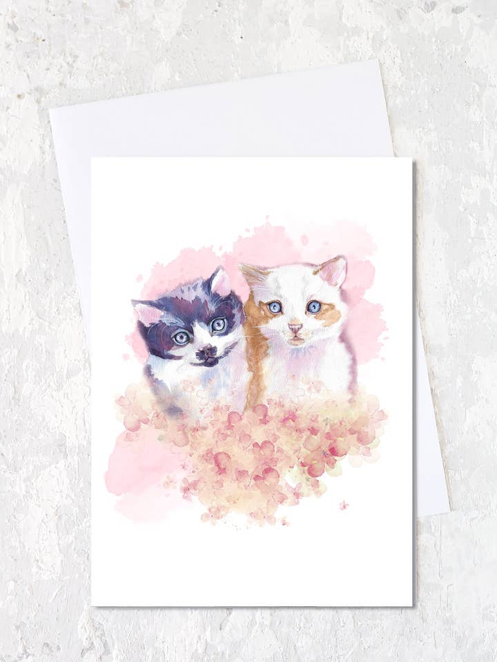 Watercolour Kittens with Floral Accent in Pink Greeting Card 5" x 7" for wholesale by Renee Fukumoto