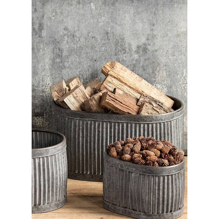 Vagabond Vintage - Wholesale Plantenpot - Set van 3 ovale metalen dolly kuipplantenbakken