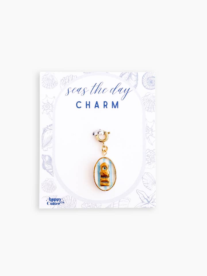 Nautical Charm | White Blue Stripe Lighthouse Spring Clasp for wholesale by Happy Cutter Co