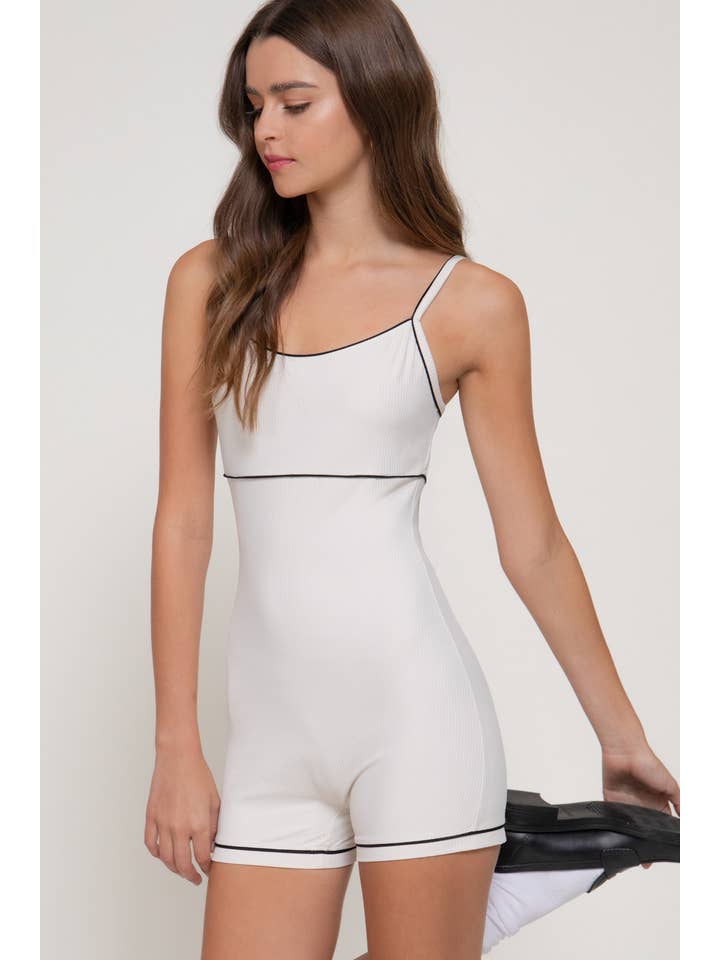 Active Basic | Active USA - Wholesale Romper - Women's - Workout Ribbed Cami Romper with Contrasting Piping Detail6