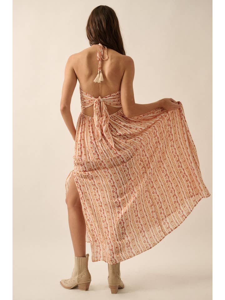 Promesa USA – Engroshandel Kjole - Dame – Blomsterstribet maxi halterkjole med bindebånd5