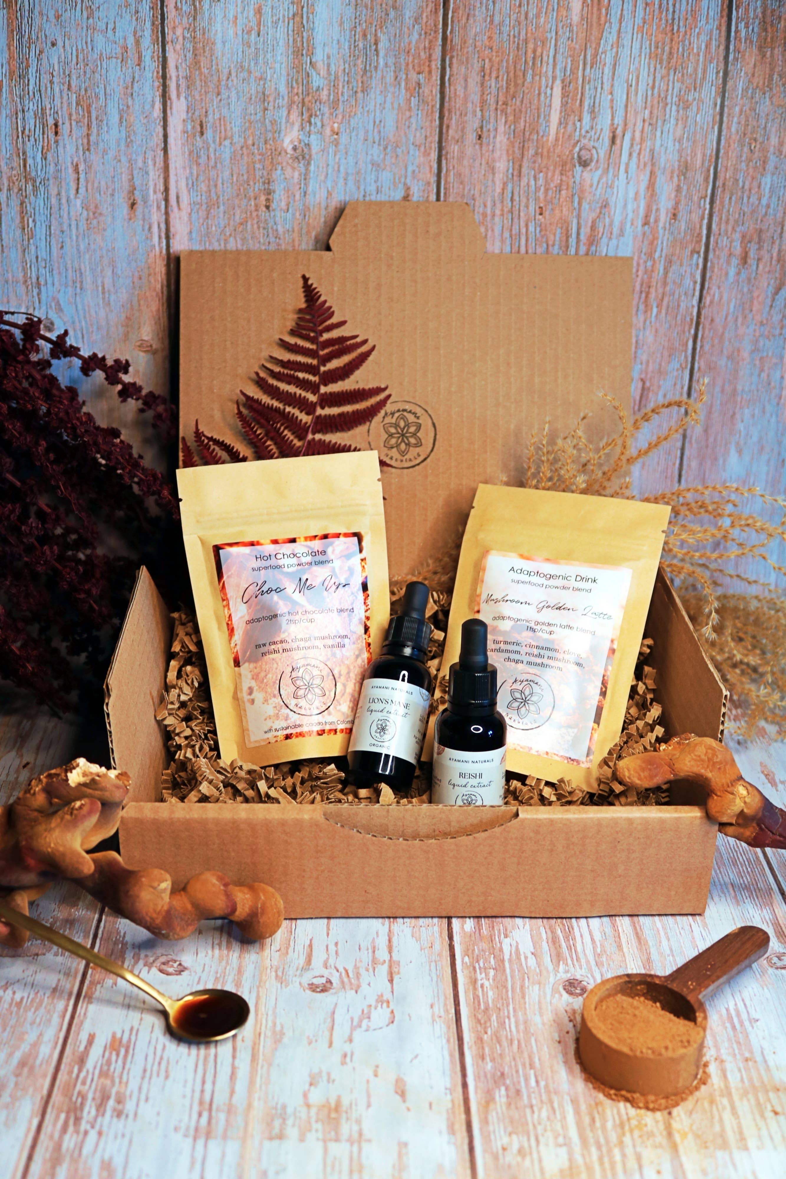 Ayamani Naturals - Wholesale Tincture - MUSHROOM RITUALS BOX | liquid extracts, cacao & golden latte6