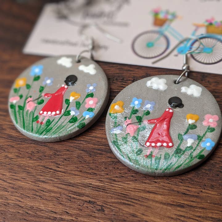 Grey round earrings, girl walking piglet for wholesale by With Clay & Paint