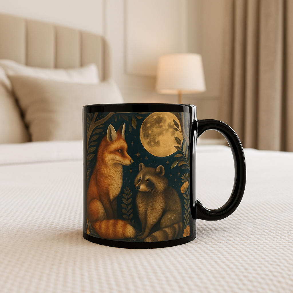 Upside Down Owl Farm - Vente Tasse à café - Tasse Woodland Fox & Raccoon Moon, Mug en céramique noire4