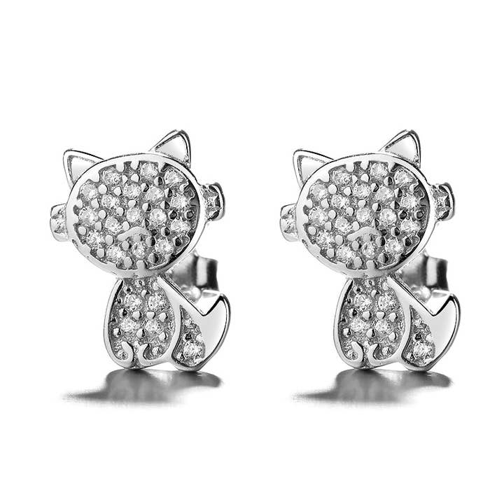 Sterling Silver Crystal Cat Drop Earrings With Crystals for wholesale by Amy and Annette