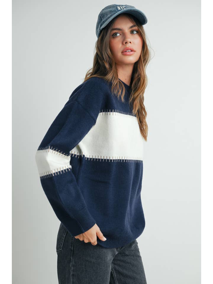 NAVY IVORY Color Block Striped Crew Neck Sweater - BMW7501 for wholesale on Faire5