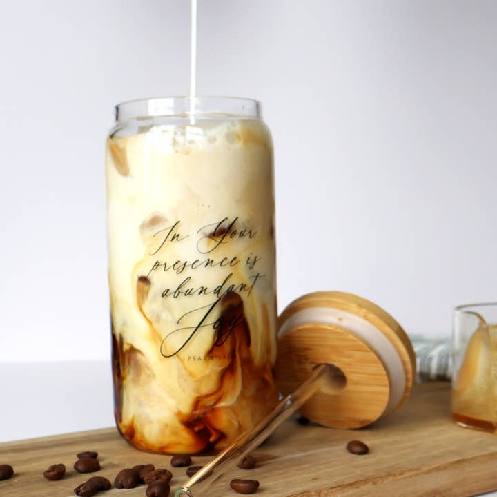 Grace and Joy Company - Wholesale Drinking Glass/Cup - Abundant Joy Iced Coffee Glass Can + Bamboo Lid + Straw2