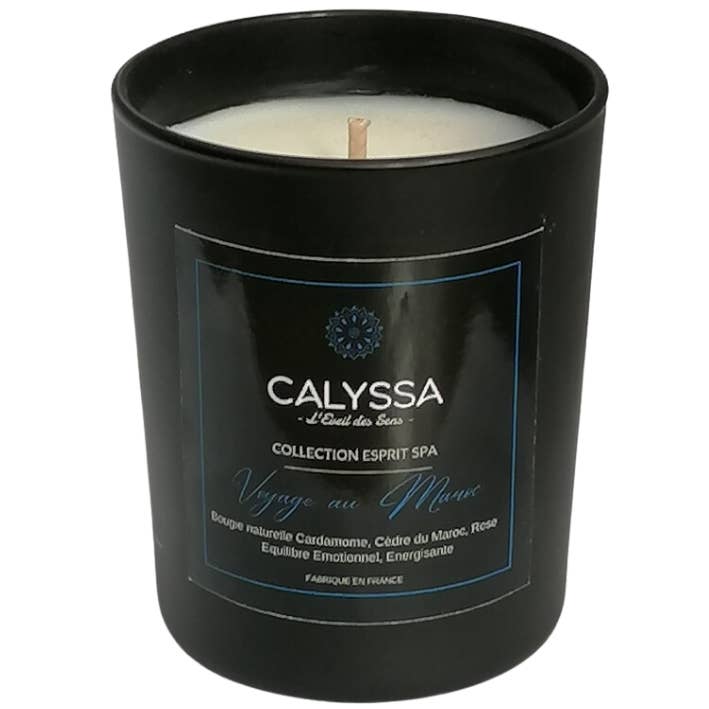 Bougie végétale parfumée Voyage au Maroc (boite noire) pour la vente par Calyssa