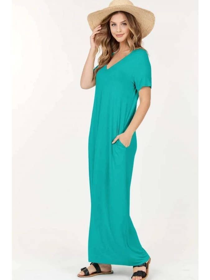 BJ's Closets - Wholesale Dress - Women's - Basic Short Sleeve V Neck Maxi Dress-Dusty Green