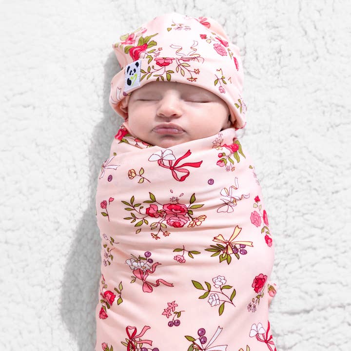 Bows & Blooms Bamboo Swaddle & Beanie Set for wholesale by Bellabu Bear