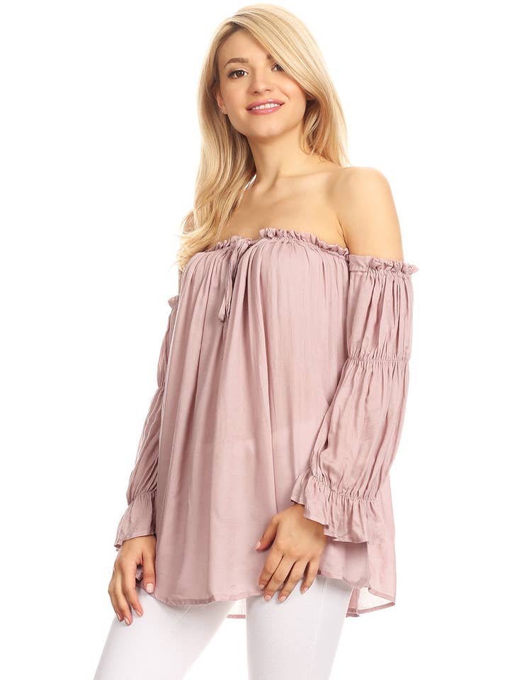 Anna Kaci Wholesale - Wholesale Blouse - Women's - Semi Sheer Boho Peasant Off the Shoulder Top47