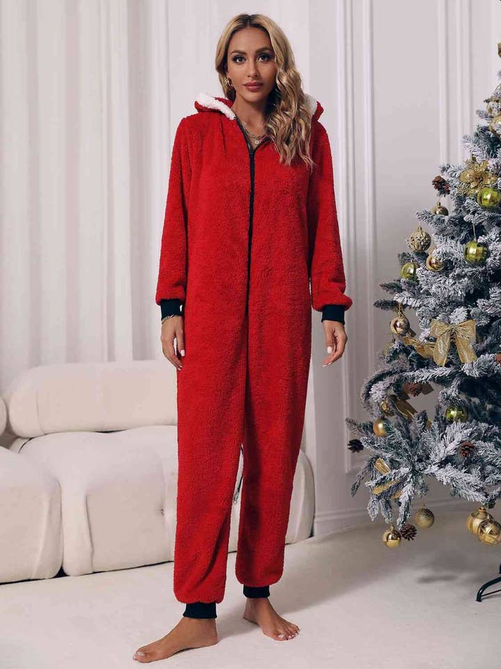 Zip Front Long Sleeve Hooded Teddy Lounge Jumpsuit for wholesale by Fashion Quality Boutik