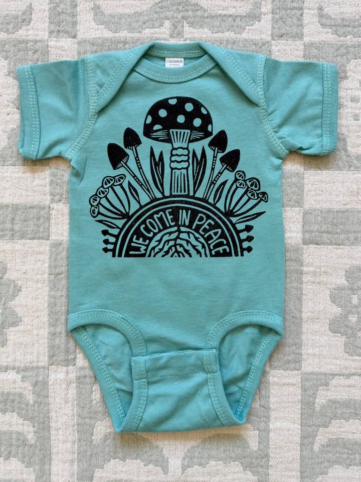 Peace Mushrooms Bodysuit, Hippie Baby Clothes for wholesale by Hippie Baby Co