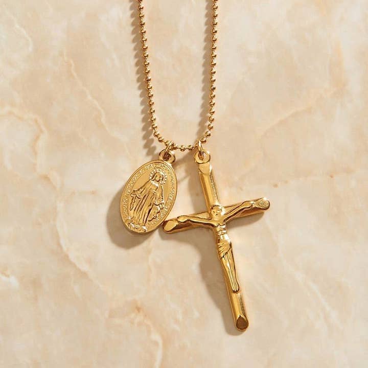 Mother Mary Medal & Cross Charm Pendant Necklace for wholesale by MeloMelo