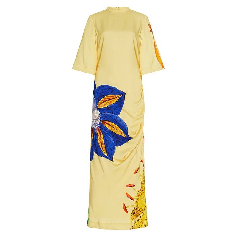 Yellow Half Sleeve Dahlia Printed Crepe Midi Dresses for wholesale on Faire0