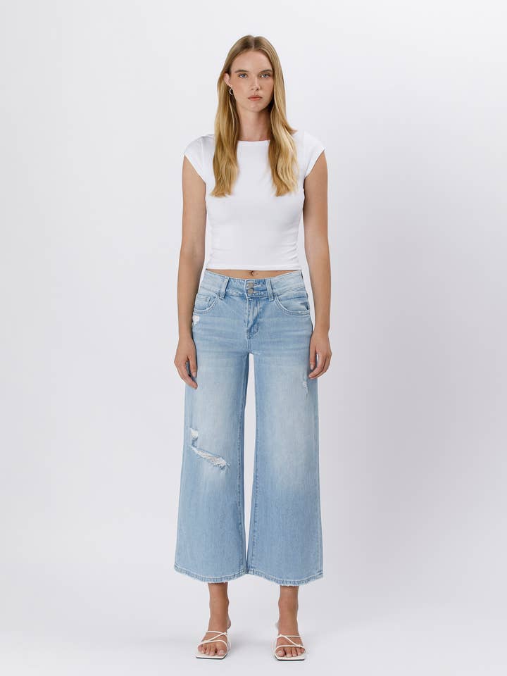 CAVA HIGH RISE TWO BUTTONS CROP WIDE LEG JEANSS T6409 for wholesale on Faire