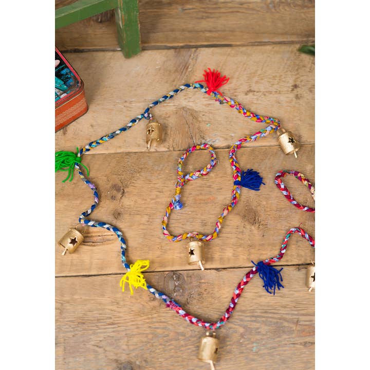 Namaste - Wholesale Bunting/Garland - Braided Recycled Sari Garland With Bells1