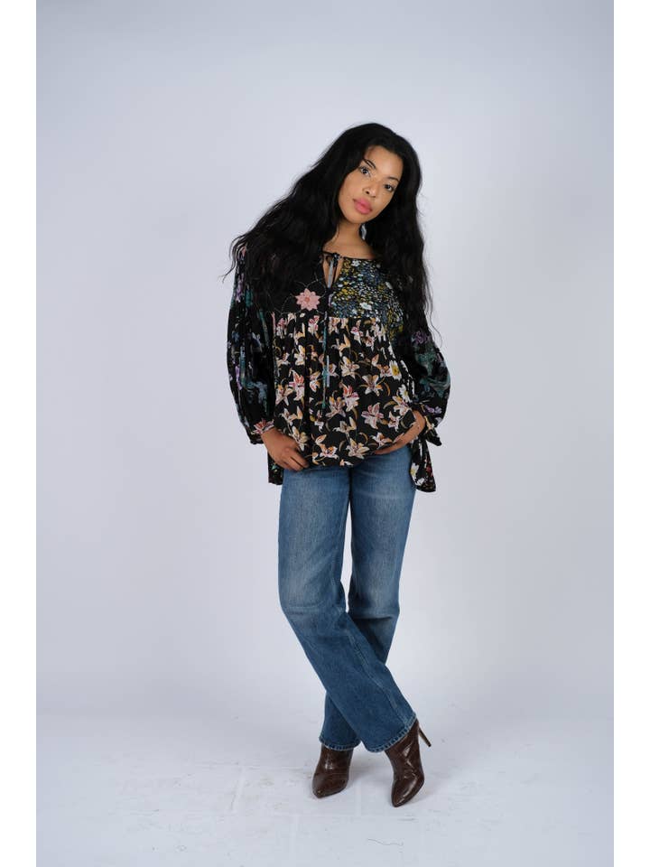 Sacred Threads - Wholesale Blouse - Women's - Midnight Bloom Bohemian Peasant Top