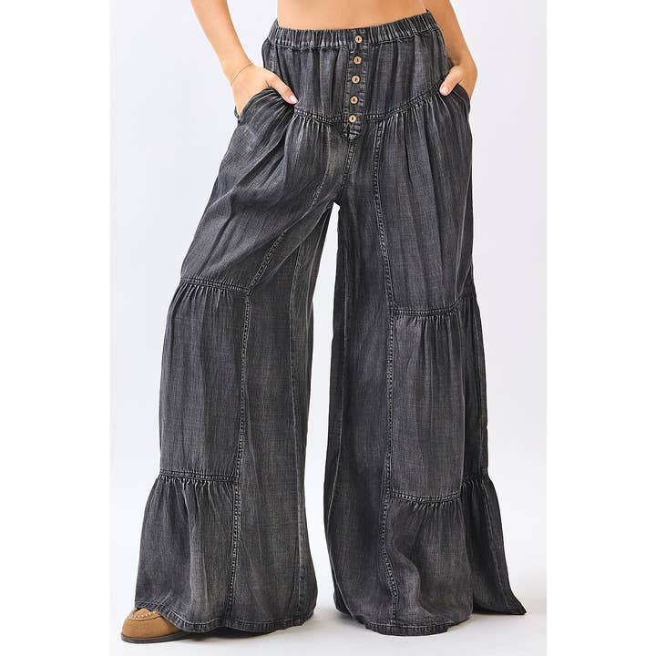 mittoshop - Wholesale Pants - Women's - WASHED CHAMBRAY TIERED WIDE LEG BUTTON FRONT PANTS