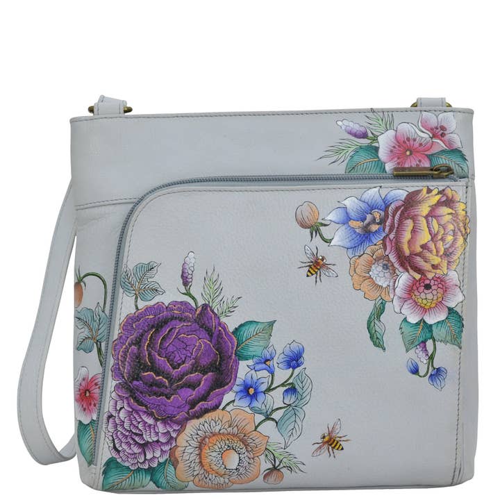 Hand-Painted Leather Crossbody With Front Zip Organizer - 651 for wholesale by Anuschka | Vanya Lara (USA)