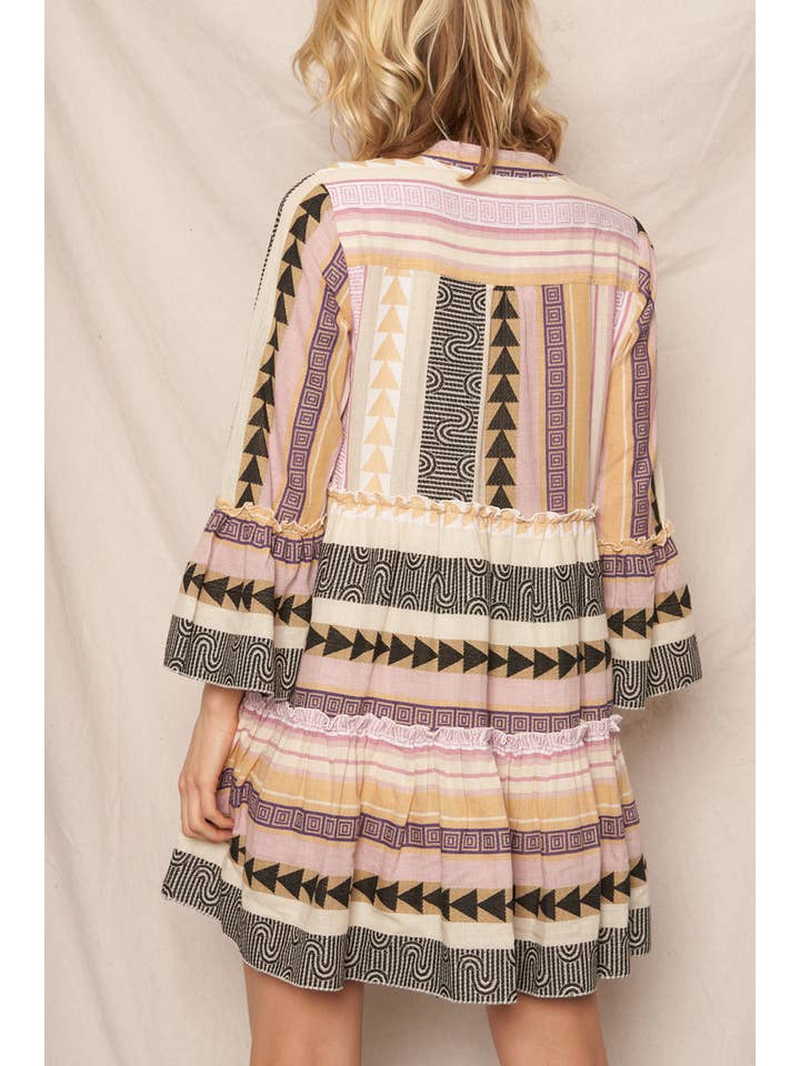 En Crème - Wholesale Dress - Women's - 3/4 Sleeve V-Neck Tiered Mini Dress