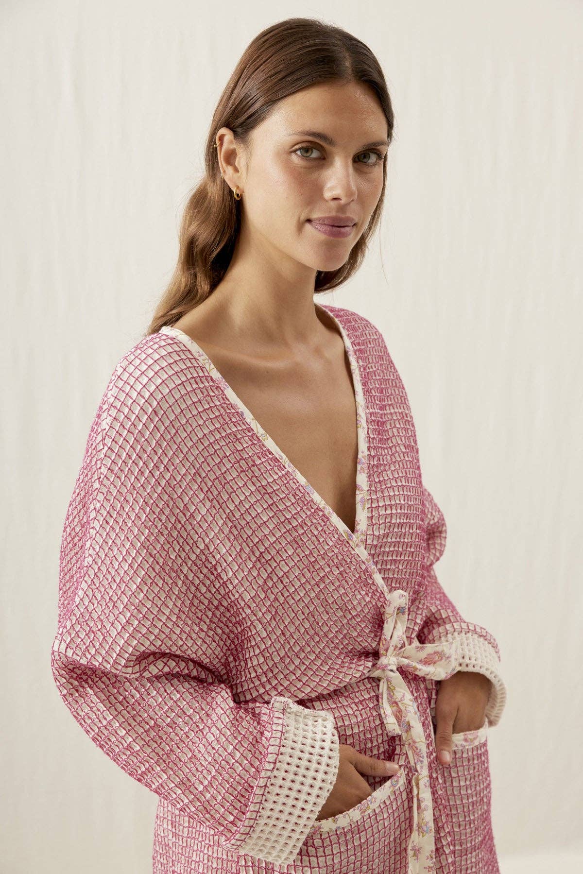 Laora Adult Bathrobe - waffle/terry - white - pink for wholesale on Faire5