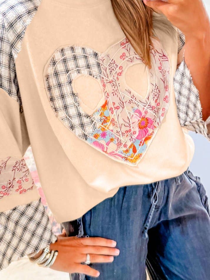 Plaid Floral Peace Heart Graphic Wide Long Sleeve Top for wholesale by Umorger