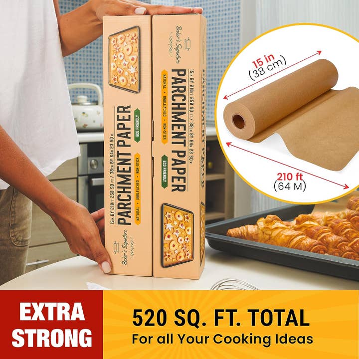 Baker's Signature - Wholesale Baking Sheet/Mat - Unbleached Parchment Paper for Baking – 2-Pack 520 Sq.Ft Total - 15 in x 210 ft Baking Paper Roll with Cutter, Non-Stick Brown Parchment for Baking, Cooking, Grilling, Steaming by Baker’s Signature1
